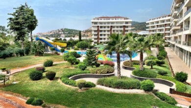Fotoğrafta, Fortuna Resort’un havuz ve yeşil alanları var. Farklı boyutlarda ve uzunluklarda ağaçlar ile birlikte yeşil alanın dışında tatil yapılan binanın da dış bölümü görülmektedir.