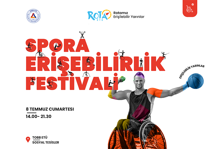 Beyaz fon üzerinde tekerlekli sandalye üzerinde basketbolcu sol elinde basketbol topunu tutuyor. sağ eli ile yumruğunu sıkmış kol kasını şişiriyor. Sol üstte de kırmızı kalın harflerle Spora Erişilebilirlik Festivali yazısı yer alıyor.