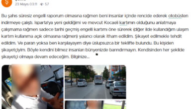 Engelli bireyin şikayet metni, otobüs şoförü ve otobüsün dışından plakanın fotoğrafı görselde yer alıyor.