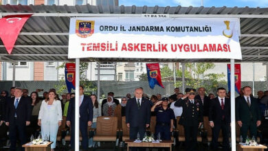 Ordu İl Jandarma Komutanlığı’nda engelli bireyler için " Temsili Askerlik Uygulaması And İçme Töreni"nde protokol ve askerler tarafından askeri selam veriliyor.