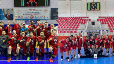 Görselde iki fotoğraf birleştirilmiş, ekranın solunda Eskişehir İ.E.S.K. erkek hentbol takımı, sağında ise Eskişehir İ.E.S.K. kadın hentbol takımı var.