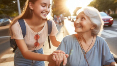 Görselde, genç bir kadın, tekerlekli sandalye üzerinde oturan yaşlı kadının elini tutarak destek olmaya çalışıyor.