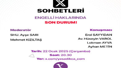 Görselde, “X Sohbetleri” başlığı altında “Engelli Haklarında Son Durum!” temalı bir etkinlik afişi yer almakta. Afiş tasarımı sade ve profesyonel görünüyor. Şu detaylar öne çıkıyor: • Başlık: “X Sohbetleri” ve “Engelli Haklarında Son Durum!” yazıları büyük ve dikkat çekici şekilde yazılmış. • Moderatörler: SHU. Ayşe Sarı ve Mehmet Kızıltaş. • Konuşmacılar: Erol Sayıdan, Av. Hüseyin Varol, Lokman Ayva ve Ayhan Metin. • Tarih: 22 Ocak 2025 (Çarşamba). • Saat: 20.30. • Yer: “x.com/yasadikca_com” adresi. • Logo: Altta “Yaşadıkça” isimli bir logoya yer verilmiş. Logoda mor tonlar hakim. Arka plan tasarımında açık tonlarda ve noktalı bir desen dikkat çekiyor. Genel olarak bilgilendirici ve temiz bir tasarıma sahip.