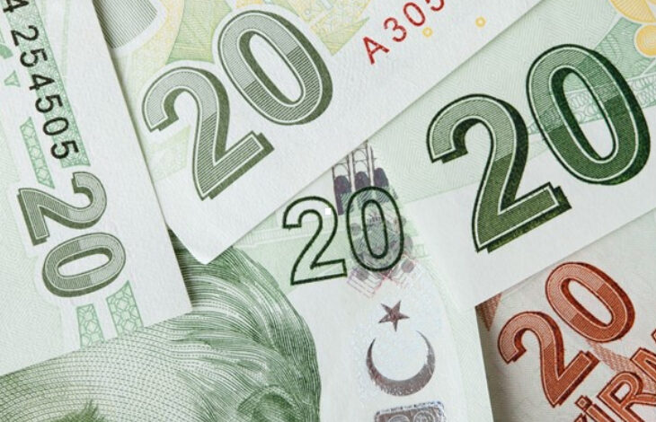 Görselde, üst üste yerleştirilmiş 20 Türk Lirası banknotları bulunuyor. Banknotların üzerinde büyük “20” rakamları, Türkiye Cumhuriyeti Merkez Bankası (TCMB) logosu ve çeşitli güvenlik öğeleri görülebiliyor. Paraların düzenli bir şekilde üst üste konumlandırıldığı ve detayların net bir şekilde seçilebildiği bir kompozisyon oluşturulmuş.