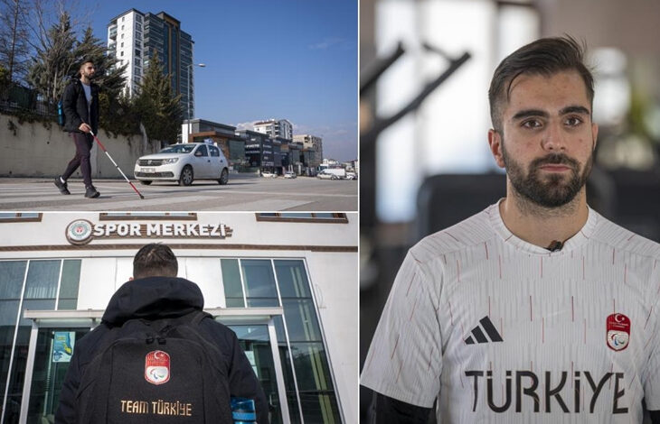 Görsel, üç farklı kareden oluşuyor. Sol üst karede, görme engelli bir kişi beyaz bastonuyla bir kaldırımda yürürken görülüyor. Arka planda binalar ve trafikte ilerleyen araçlar var. Sol alt karede, "Spor Merkezi" yazılı bir binaya doğru yürüyen bir kişi sırtı dönük şekilde görünüyor. Üzerinde "Team Türkiye" yazılı bir spor ceketi var. Sağ karede ise sakallı ve kısa saçlı bir genç, Türkiye milli takım formasıyla kameraya bakıyor. Arkasında spor salonuna ait egzersiz ekipmanları bulunuyor.