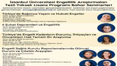 Bu görsel, İstanbul Üniversitesi Engellilik Araştırmaları Tezli Yüksek Lisans Programı Bahar Seminerleri kapsamında düzenlenen etkinliklerin duyurusunu içeriyor. Seminerler Zoom üzerinden gerçekleştirilecek olup, katılım için kayıt yaptırmak gerekiyor.