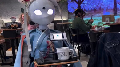 Japon geleneksel kadın kıyafeti giydirilen robot ellerinde tepsi ve bardak tutuyor.