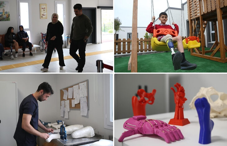 Görselde dört farklı kare yer almakta. Üst sol karede, bir kadın ve bir adam kapalı bir alanda yürürken görülüyor. Arka planda tekerlekli sandalyede oturan kişiler bulunuyor. Üst sağ karede, protez bacak kullanan bir çocuk açık hava oyun alanında salıncakta gülümseyerek sallanıyor. Alt sol karede, bir sağlık görevlisi veya teknisyen, protez yapımında kullanılan malzemelerle bir çalışma yapıyor. Alt sağ karede, 3D yazıcı ile üretilmiş renkli protez el, ayak ve organ modelleri sergileniyor.