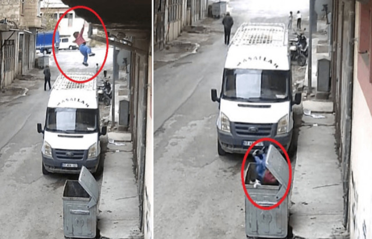 İki kolaj da çocuğun çöp konteynerine düşme anının görüntüleri bulunuyor.