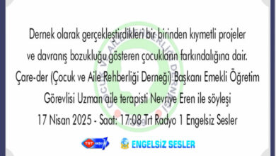 Açık mavi zemin üzerine beyaz çerçeveli duyuru. Koyu mavi metinde dernek projeleri ve davranış bozukluğu olan çocuklar hakkında söyleşi bilgisi var. "Çare-der Başkanı Nevriye Eren ile söyleşi", tarih ve saat "17 Nisan 2025 - 17:08", radyo kanalı "Trt Radyo 1 Engelsiz Sesler" belirtilmiş. Altta "TRT Radio" ve "ENGELSİZ SESLER" logoları bulunuyor.