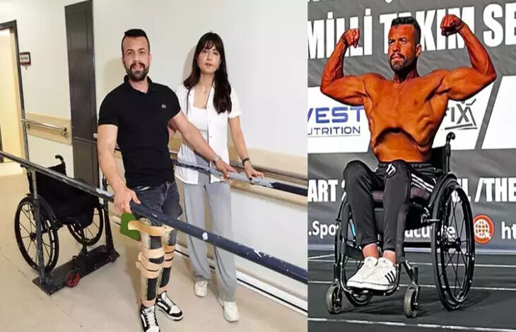 Soldaki karede, bir sporcu fizyoterapist eşliğinde yürüyüş paralelleriyle egzersiz yapıyor. Ayaklarında ortopedik destek cihazları bulunuyor, arka planda bir tekerlekli sandalye görülüyor. Bu sahne, rehabilitasyon sürecini ve pes etmeyen bir ruhu simgeliyor. Sağdaki karede ise aynı kişi, profesyonel bir vücut geliştirme sahnesinde, tekerlekli sandalyesinde kaslarını gururla sergiliyor. Vücudu oldukça gelişmiş ve fit; kürsüye çıkmışçasına poz veriyor. Bu görsel, engellerin bedenle değil zihinle aşıldığını çarpıcı şekilde gösteriyor.