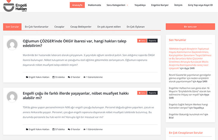 Görsel, engellihaklari.com.tr adlı internet sitesine ait bir anasayfayı göstermektedir.