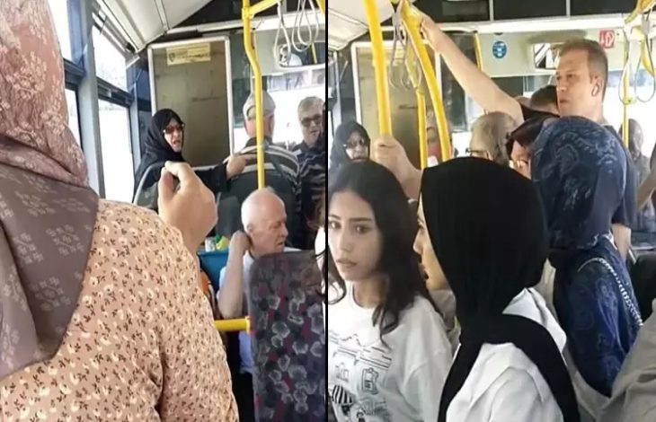 Görselde, Bursa’da bir özel halk otobüsü içinde yaşanan bir kalabalık ve gerginlik anı görülüyor. Otobüsün içi oldukça dolu; ayakta duran ve oturan çok sayıda yolcu var. Sol karede, başörtülü bir kadının önde olduğu, arka planda ise bir kadının işaret ederek bir şey söylediği an yakalanmış. Sağ karede ise genç kadınlar ve diğer yolcuların yüzlerinde tedirgin ya da tepkili ifadeler var.
