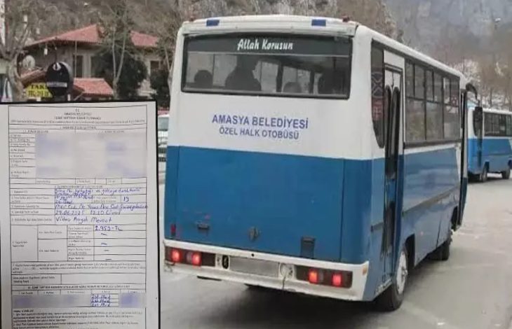 Görselde iki farklı fotoğraf yer almaktadır. Sağ tarafta, Amasya Belediyesi logosunu taşıyan, eski görünümlü bir otobüs yer almaktadır. Fotoğrafın sol alt köşesinde ise bir ceza makbuzu olduğu düşünülen bir belge görülmektedir.