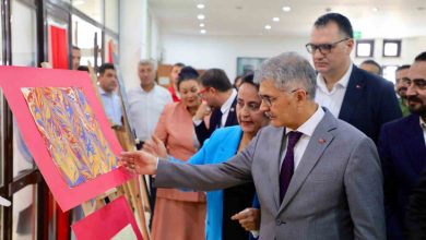 Görselde bir sanat sergisi açılışından bir an yer almakta. Önde takım elbiseli bir adam (muhtemelen bir yetkili ya da protokol üyesi), pembe zemin üzerine yerleştirilmiş geleneksel bir ebru sanat eserine dikkatle bakıyor ve eliyle eseri işaret ediyor. Yanında mavi ceketli bir kadın ve arka planda farklı renklerde giyinmiş birçok kişi daha yer almakta. Katılımcıların resmi giyimli olması, etkinliğin ciddi ve resmi bir açılış olduğunu gösteriyor.