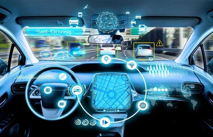 Bu görsel, bir sürücüsüz (otonom) aracın içinden ön yola bakışı gösteriyor. Direksiyon simidi ve ön panel yerinde duruyor ancak araç tamamen otomatik çalışıyor gibi görünüyor. Ön camda ve konsolda artırılmış gerçeklik (AR) grafiklerle trafik bilgileri, hız göstergeleri, sensör verileri ve harita gibi dijital veriler yansıtılmış. Özellikle navigasyon ekranı merkezde öne çıkıyor. "Self-Driving" ifadesi, bu aracın sürücüsüz olduğunu vurguluyor.