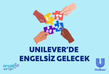 Resimde dört el, dört farklı yapboz parçası tutuyor. Her parça farklı renkte: sarı, kırmızı, mavi ve mor. Yapbozların üzerinde engelliliği temsil eden semboller var: bastonlu kişi, gözlük takan figür, tekerlekli sandalye ve işaret dili simgesi. Alt kısımda büyük harflerle “UNILEVER’DE ENGELSİZ GELECEK” yazıyor. Sol alt köşede “engelsiz kariyer”, sağ altta Unilever logosu bulunuyor.