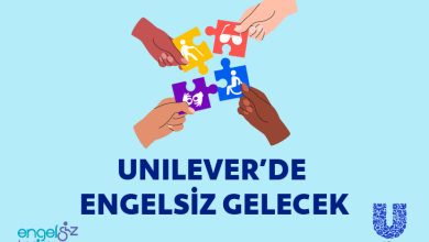 Resimde dört el, dört farklı yapboz parçası tutuyor. Her parça farklı renkte: sarı, kırmızı, mavi ve mor. Yapbozların üzerinde engelliliği temsil eden semboller var: bastonlu kişi, gözlük takan figür, tekerlekli sandalye ve işaret dili simgesi. Alt kısımda büyük harflerle “UNILEVER’DE ENGELSİZ GELECEK” yazıyor. Sol alt köşede “engelsiz kariyer”, sağ altta Unilever logosu bulunuyor.