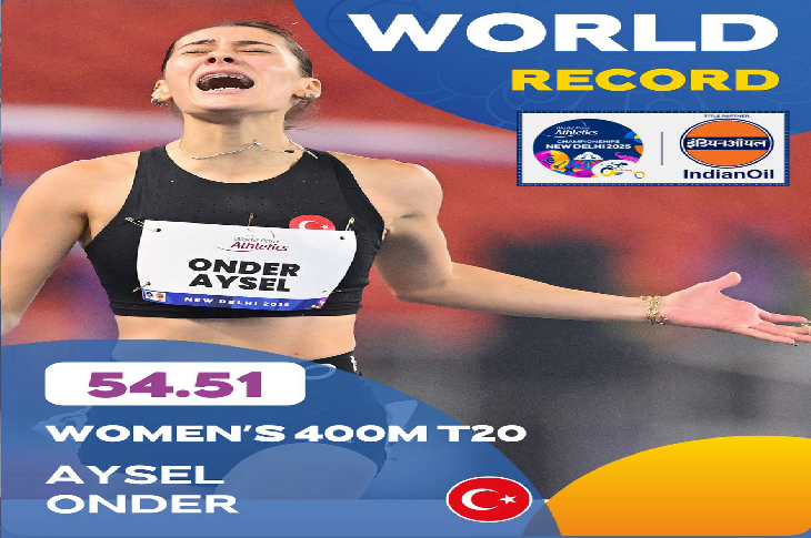 Görselde milli atlet **Aysel Önder**, 400m T20 yarışında **54.51** derecesiyle dünya rekorunu kutluyor. Üstte “WORLD RECORD” yazısı, altta ismi ve Türk bayrağı yer alıyor.