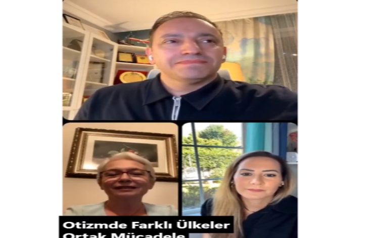Görselde, üç kişilik bir çevrim içi söyleşi ekranı görülüyor. Üstteki katılımcı bir erkek, alttaki iki katılımcı ise kadın. Hepsi kamera karşısında konuşma ya da dinleme hâlindeler. Ekranın alt kısmında “**Otizmde Farklı Ülkeler, Ortak Mücadele**” başlıklı bir yazı yer almakta. Arka planlarda ev ortamları ve kitaplıklar dikkat çekiyor. Bu kare, Yaşadıkça Platformu’nun Instagram Sohbetleri serisi kapsamında otizm üzerine farklı ülkelerden konuklarla yapılan bilinçlendirme amaçlı bir söyleşiyi yansıtıyor.