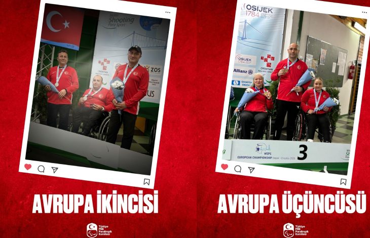 Görselde, kırmızı arka plan üzerine yerleştirilmiş iki ayrı fotoğraf kolajı yer alıyor. Her iki karede de Türkiye'yi temsil eden milli para atıcılık sporcuları görülüyor. Sol karede: Üç erkek sporcu, kırmızı milli eşofmanlarıyla Türk bayrağı önünde poz veriyor. Boyunlarında madalyaları, ellerinde çiçek buketleri bulunuyor. Üst kısımda “AVRUPA İKİNCİSİ” ifadesi yer alıyor. Sağ karede: İki kadın ve bir erkek sporcu, podyumun üçüncü basamağında poz vermiş. Onlar da madalyalarını takmış, çiçek buketleriyle birlikte gururla gülümsüyorlar. Üstte “AVRUPA ÜÇÜNCÜSÜ” yazıyor. Her iki görselin altında Türkiye Bedensel Engelliler Spor Federasyonu logosu yer almakta. Arka plan, başarıya vurgu yapan kırmızı tonuyla etkileyici bir bütünlük oluşturuyor.