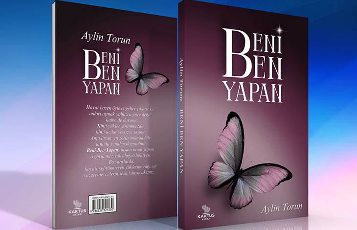 Görselde Aylin Torun’un “Beni Ben Yapan” adlı kitabının ön ve arka kapak tasarımı yer alıyor. Kitap kapağı mor ve pembe tonlarında degrade bir arka plana sahip. Hem ön hem arka kapakta, açık pembe ve siyah renklerde büyük bir kelebek figürü dikkat çekiyor. Ön kapakta büyük ve beyaz puntolarla “Beni Ben Yapan” başlığı yer alırken, altında yazarın adı “Aylin Torun” yazıyor. Alt bölümde yayınevi logosu olarak “Kaktüs Kitap” bulunuyor. Arka kapakta ise yazarın adı, kitap ismi ve aşağıda kısa bir tanıtım yazısı yer almakta. Kapak tasarımı sade ama etkileyici ve umut teması kelebek sembolüyle vurgulanmış.