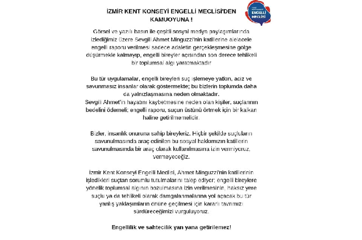 Görselde, İzmir Kent Konseyi Engelli Meclisi’nin Ahmet Minguzzi’nin vefatına ilişkin yaptığı açıklama yer almaktadır.