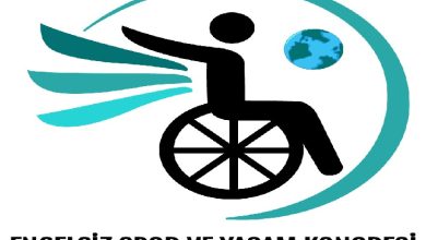 Görselde “Engelsiz Spor ve Yaşam Kongresi” logosu yer alıyor. Logoda tekerlekli sandalyede bir figür görülüyor; figürün arkasından kanadı andıran mavi çizgiler çıkıyor. Sağ üstte küçük bir dünya küresi simgesi bulunuyor. Alt kısımda ise kongrenin adı yazılı.