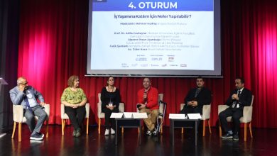 Fotoğrafta bir panel oturumu görülüyor. Sahnenin ortasında altı kişi yarım daire şeklinde oturmuş; arkalarında kırmızı perdeler ve bir projeksiyon perdesi var. Perdede “4. Oturum – İş Yaşamına Katılım İçin Neler Yapılabilir?” başlıklı yazı ve katılımcıların isimleri yer alıyor. Katılımcılar arasında akademisyenler, sivil toplum temsilcileri ve moderatör bulunuyor. Ortam profesyonel, konferans veya zirve atmosferinde.