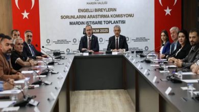 Görselde uzun bir toplantı masası etrafında oturmuş kişiler görülüyor. Masanın başında iki erkek konuşmacı yer alıyor. Arkadaki duvarda “T.C. Mardin Valiliği – Engelli Bireylerin Sorunlarını Araştırma Komisyonu Mardin İstişare Toplantısı – Ekim 2025” yazısı ve iki yanda Türk bayrakları bulunuyor.