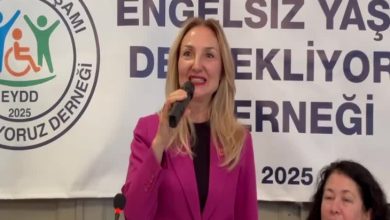 Pembe ceketli bir kadın CHP Genel Başkan Yardımcısı Aylin Nazlıaka, mikrofonla konuşuyor. Arkasında “Engelsiz Yaşamı Destekliyoruz Derneği” yazılı bir afiş yer alıyor. Yanında oturan bir kadın daha görülüyor.