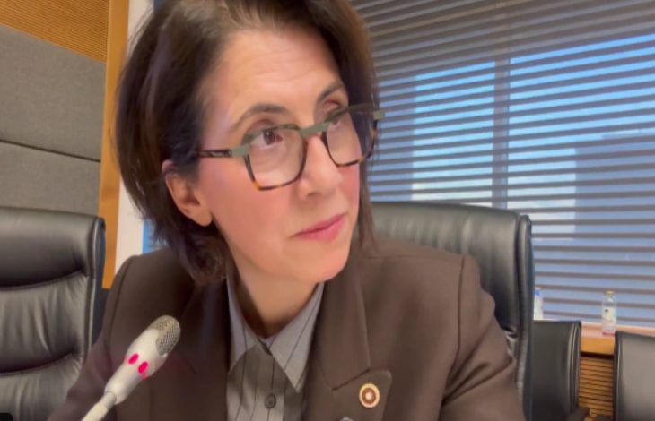 Gözlüklü bir kadın, mikrofonun önünde oturuyor ve dikkatle bir yöne bakıyor. Arka planda ofis ortamı ve büyük pencereler görünüyor.