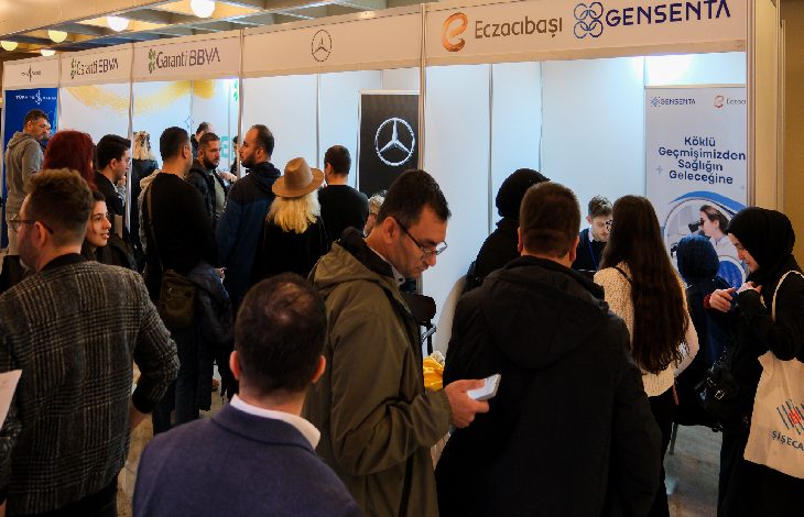 Kalabalık bir grup, Garanti BBVA, Mercedes, Eczacıbaşı ve Gensenta stantlarının yer aldığı bir fuar alanında buluşmuş. Katılımcılar firmalarla görüşüyor, bazıları bilgi alıyor.