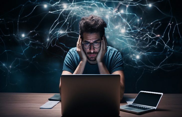 Görselde, karanlık bir ortamda bilgisayar başında oturan genç bir adam görülüyor. Elleri yüzünde, yorgun ve zihinsel olarak bunalmış bir ifadeye sahip. Arka planda sinir ağlarını andıran ışıklı çizgiler, zihinsel yükü ya da dijital dünyayla aşırı bağlantıyı simgeliyor. Masada bir dizüstü bilgisayar daha duruyor; sahne yoğun çalışma, dijital stres ve yalnızlığı çağrıştırıyor.