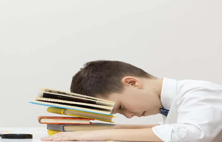 Fotoğrafta, küçük bir çocuk bir masa başında yorgun şekilde uyuklarken görülüyor. Başını, üst üste dizilmiş renkli kitapların üzerine koymuş. Üzerinde beyaz gömlek ve kravat var. Arka plan sade ve boş; bu da çocuğun yorgunluğunu ve ders yükünü daha belirgin kılıyor.