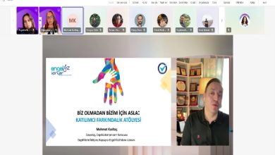 Fotoğraf, çevrim içi bir toplantı ekranını gösteriyor. Üst kısımda katılımcıların küçük profil pencereleri sıralanmış. Büyük alanda ise iki bölüm var: Solda “Biz Olmadan Bizim İçin Asla: Katılımcı Farkındalık Atölyesi” başlıklı renkli görselli bir sunum slaydı duruyor; sağda ise konuşmacı olarak görünen bir erkek, kameraya bakarak sunum yapıyor. Arka planda kitaplık ve çeşitli eşyalar bulunan bir oda dikkat çekiyor.