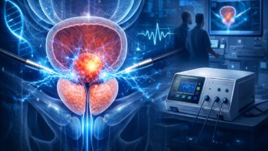 Görselde, prostat bezinin üç boyutlu tıbbi illüstrasyonu yer alıyor. Prostatın merkezinde parlak bir odak vurgulanmış; etrafında elektriksel darbeleri simgeleyen mavi enerji çizgileri görülüyor. Yan tarafta ise elektrotlara bağlı, ekrandan sinyaller gösteren modern bir tıbbi cihaz ve arka planda klinik ortamda çalışan sağlık personeli siluetleri bulunuyor.