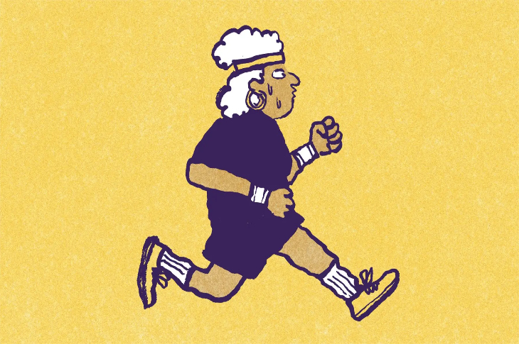 Sarı zemin üzerinde, spor kıyafetli yaşlı bir figürün koşarken resmedildiği sade ve mizahi bir çizim; hareket, yaş ve emeklilik temasına gönderme yapıyor.