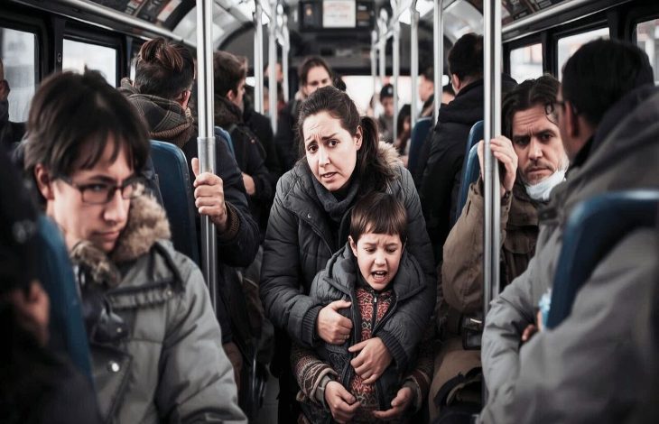 Kalabalık bir otobüste, ayakta duran bir anne kucağındaki ağlayan çocuğu sıkıca tutuyor. Etraflarındaki yolcular yorgun ve kayıtsız; dar alanda sıkışmışlık ve gerginlik hissi öne çıkıyor.