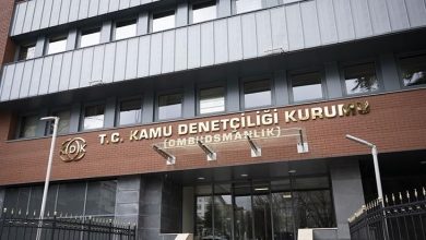 Çok katlı bir kamu binasının giriş cephesi görülüyor. Kapının üzerinde “T.C. Kamu Denetçiliği Kurumu (Ombudsmanlık)” yazısı yer alıyor. Binanın önünde demir parmaklıklar ve giriş merdivenleri bulunuyor. Resmi bir kurum binası izlenimi veren, dış mekânda çekilmiş bir fotoğraf.