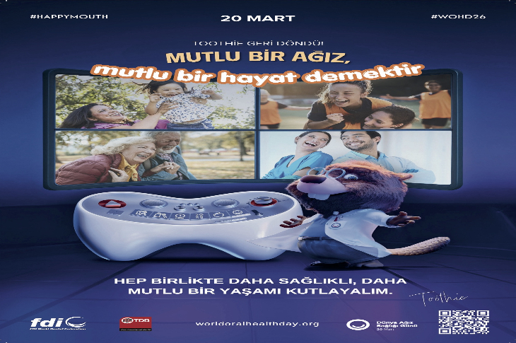 20 Mart Dünya Ağız Sağlığı Günü’ne dikkat çeken bir afiş. Üstte “Mutlu bir ağız, mutlu bir hayat demektir” mesajı yer alıyor. Ortada farklı yaş gruplarından insanların gülümseyen fotoğrafları bulunuyor. Alt kısımda diş temalı bir karakter ve “Hep birlikte daha sağlıklı, daha mutlu bir yaşamı kutlayalım” çağrısı ile birlikte kurum logoları yer alıyor.