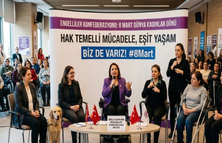 Görselde, **8 Mart Dünya Kadınlar Günü** kapsamında düzenlenen bir etkinlikte, engelli kadınların hakları ve eşit yaşam mücadelesi üzerine bir panel gerçekleştirilirken konuşmacılar, işaret dili tercümanı ve izleyiciler birlikte yer almaktadır.