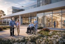 Fotoğrafta modern mimariye sahip büyük bir hastane binasının önü görülüyor. Cam cepheli yapının girişinde sağlık çalışanları ve yaşlı bireyler bulunuyor. Bir hemşire tekerlekli sandalyedeki yaşlı bir hastayı itiyor; yanında ise yürüyüş destek cihazı kullanan başka bir yaşlı kişi ve ona eşlik eden biri yürüyerek ilerliyor. Bahçe düzenlemesi, çiçekler ve geniş yürüyüş yolu hastanenin sakin ve düzenli bir ortam sunduğunu gösteriyor.