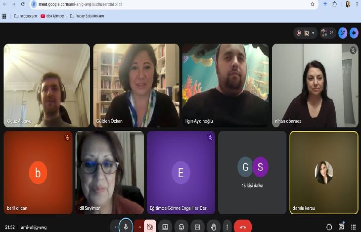Görsel, bir Google Meet çevrimiçi toplantısının ekran görüntüsüdür. Koyu gri bir arayüz üzerinde katılımcıların yer aldığı sekiz kutucuk bulunmaktadır. Üst sırada Oğuz Akkaya, Gülden Özkan, Ilgın Aydınlıoğlu ve Nihan Dönmez'in kamera görüntüleri yan yana dizilmiştir. Alt sırada ise İdil Sayımer'in kamera görüntüsüyle birlikte; Beril Dilcan, Eğitimde Görme Engelliler Derneği ve Damla Karsu'nun isimlerinin veya profil simgelerinin bulunduğu paneller yer almaktadır. Ekranın en altında mikrofon, kamera ve görüşmeyi sonlandırma gibi standart toplantı kontrol butonları görülmektedir.