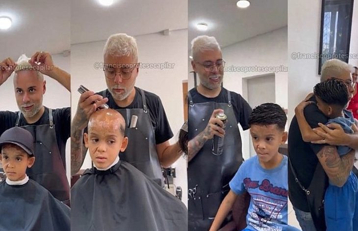 Görsel, bir berberde geçen süreci adım adım gösteren dört kareden oluşuyor. İlk karelerde küçük bir çocuğun saçının kesildiği ve kafa derisinin açık olduğu görülüyor. Sonraki karelerde berber, protez saç uygulaması yapıyor ve çocuğun görünümü belirgin şekilde değişiyor. Son karede çocuk yeni saçlarıyla gülümserken berber ona sarılıyor. Genel olarak dönüşüm ve duygusal bir iyileşme anı anlatılıyor.