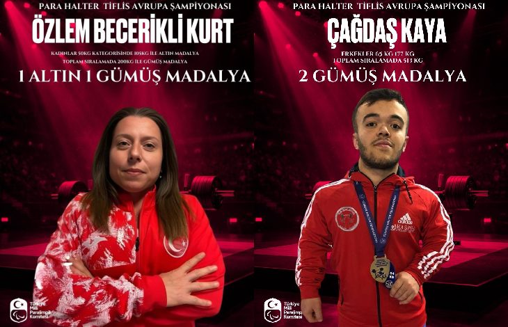 İki ayrı spor afişinin yan yana yer aldığı bir görsel. Solda, kırmızı milli takım eşofmanı giyen bir kadın sporcu kollarını bağlamış halde duruyor; üst bölümde para halter Avrupa şampiyonasına dair bilgiler ve “1 altın 1 gümüş madalya” ifadesi yer alıyor. Sağda ise kırmızı spor kıyafetiyle boynunda madalyaları bulunan bir erkek sporcu görülüyor ve afişte “2 gümüş madalya” bilgisi yazıyor. Her iki görselde de arka planda spor salonu ve halter temalı bir sahne tasarımı bulunuyor.