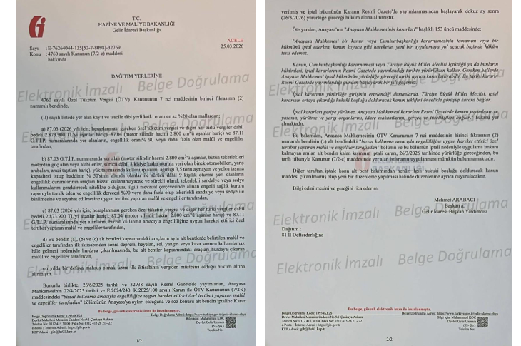 İki sayfadan oluşan resmi bir yazı görülüyor. Belge, T.C. Hazine ve Maliye Bakanlığı Gelir İdaresi Başkanlığı antetli ve “acele” ibaresi taşıyor. Metinde engelli bireylerin ÖTV (Özel Tüketim Vergisi) muafiyetine ilişkin düzenlemeler ve Anayasa Mahkemesi kararına atıflar yer alıyor. Alt kısımlarda “elektronik imzalı belge doğrulama” ifadeleri bulunuyor.