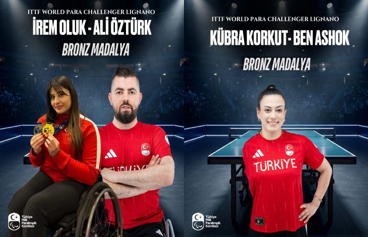Görsel iki ayrı afişten oluşuyor. Her ikisi de ITTF World Para Challenger Lignano kapsamında bronz madalya kazanan Türk sporcuları gösteriyor.