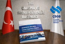 Görselde, T.C. Çalışma ve Sosyal Güvenlik Bakanlığı logosu ve Türk bayrağının bulunduğu bir arka plan önünde, “Mobbing ile Mücadele Sistemi Değerlendirme Raporu” adlı basılı rapor masa üzerinde sergileniyor.