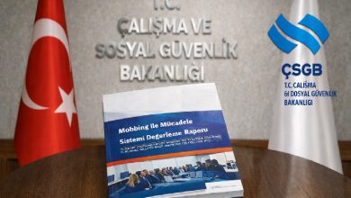 Görselde, T.C. Çalışma ve Sosyal Güvenlik Bakanlığı logosu ve Türk bayrağının bulunduğu bir arka plan önünde, “Mobbing ile Mücadele Sistemi Değerlendirme Raporu” adlı basılı rapor masa üzerinde sergileniyor.